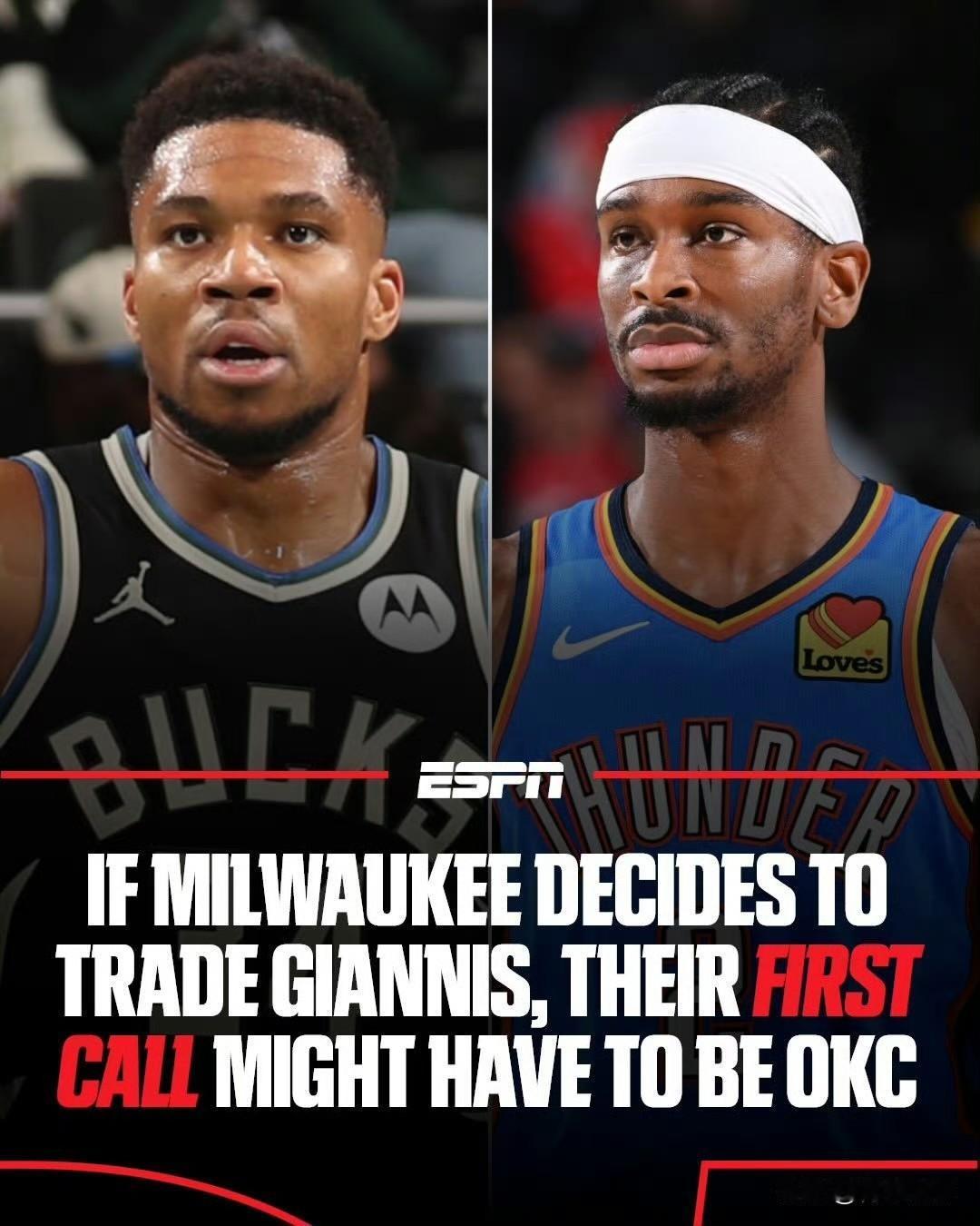 雷霆若出手，谁与争锋！随着雄鹿队当家球星字母哥的未来扑朔迷离，ESPN建议雷