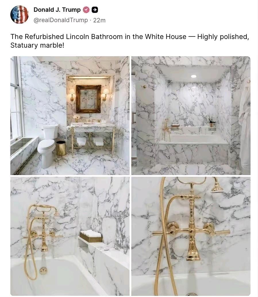 厕所和淋浴室装修，还要发个帖子谝一哈，这就是美国总统呐！川普这心态算不算一个老小