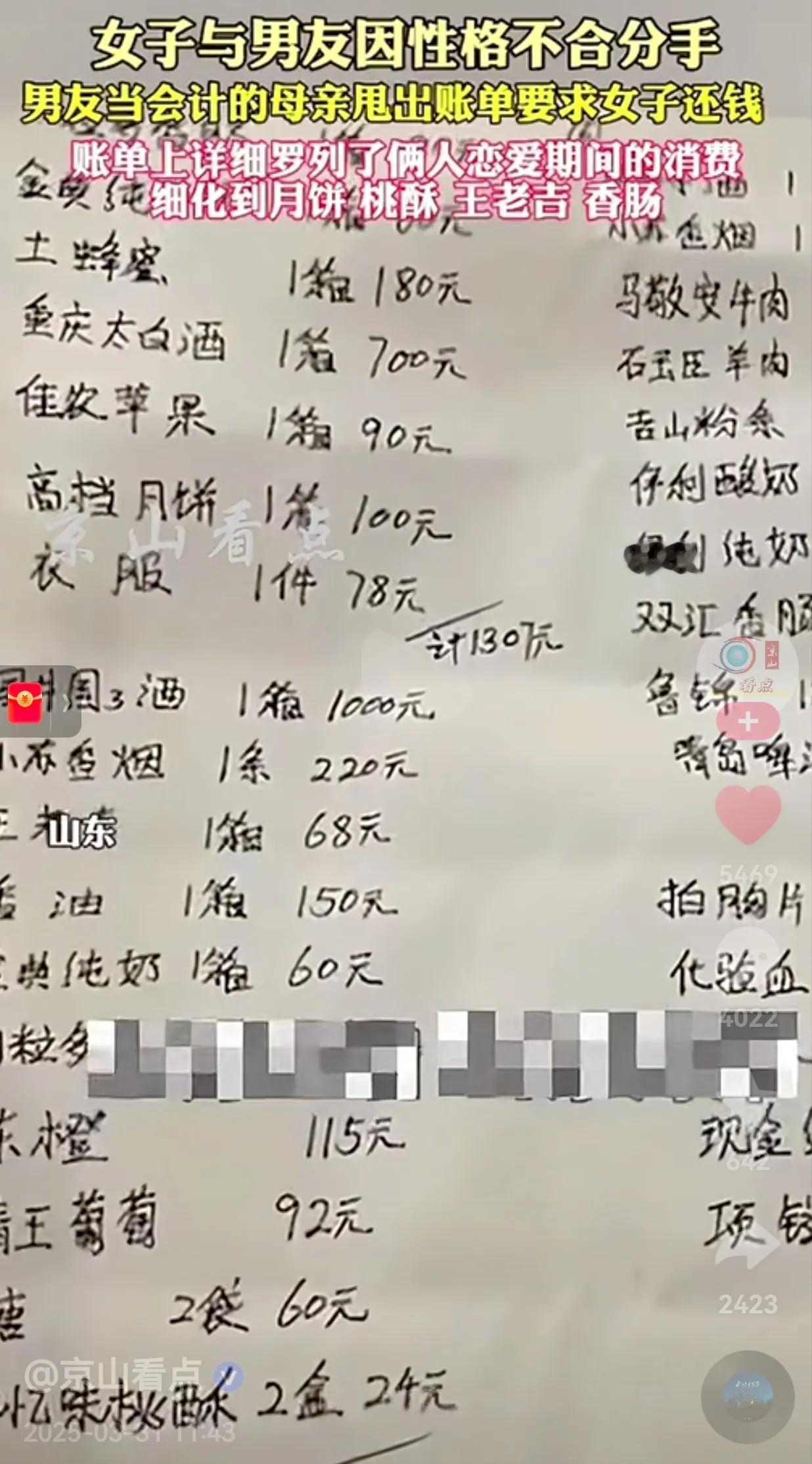 这账算的也太清楚了吧？女子与男友因性格不合分手，男友当会计的母亲甩出账单要求女子