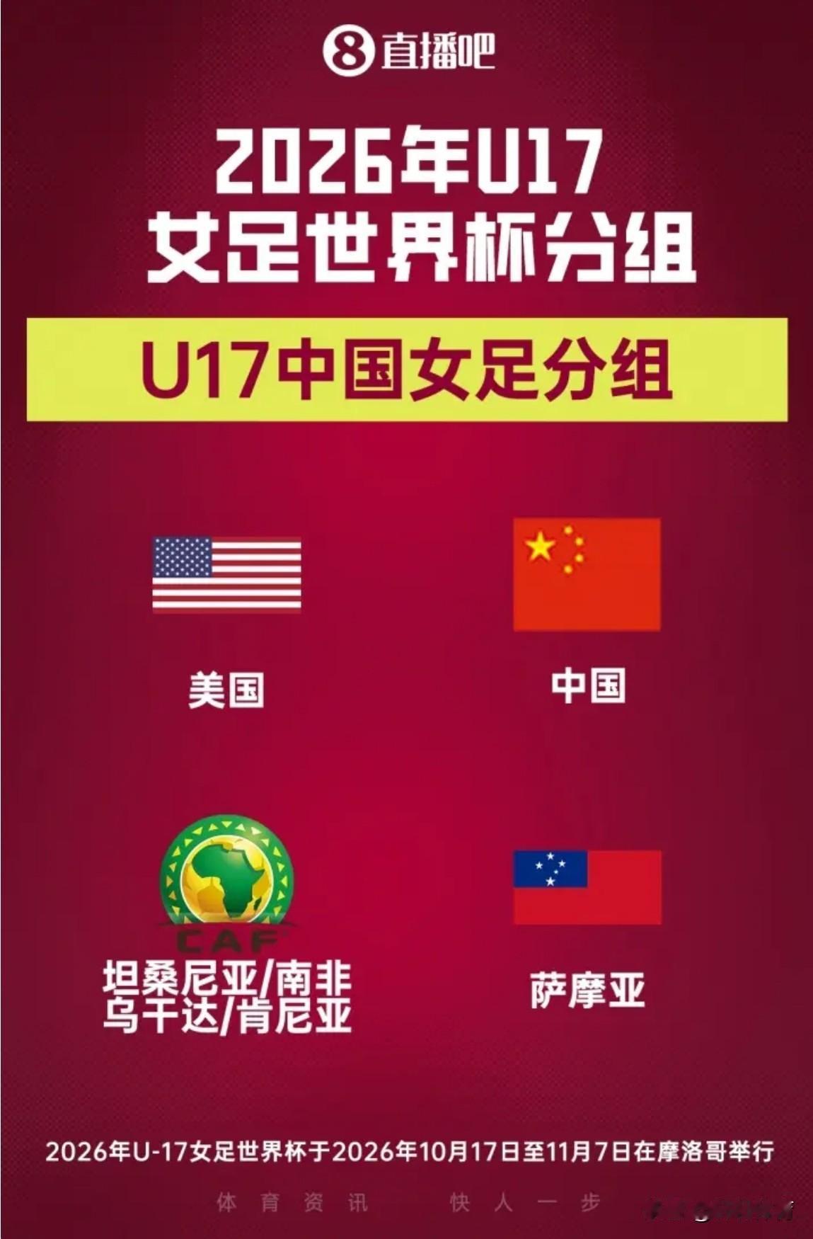 直播吧消息女足U17世界杯分组抽签已完成，中国女足以第二档球队被分在E组，与中国