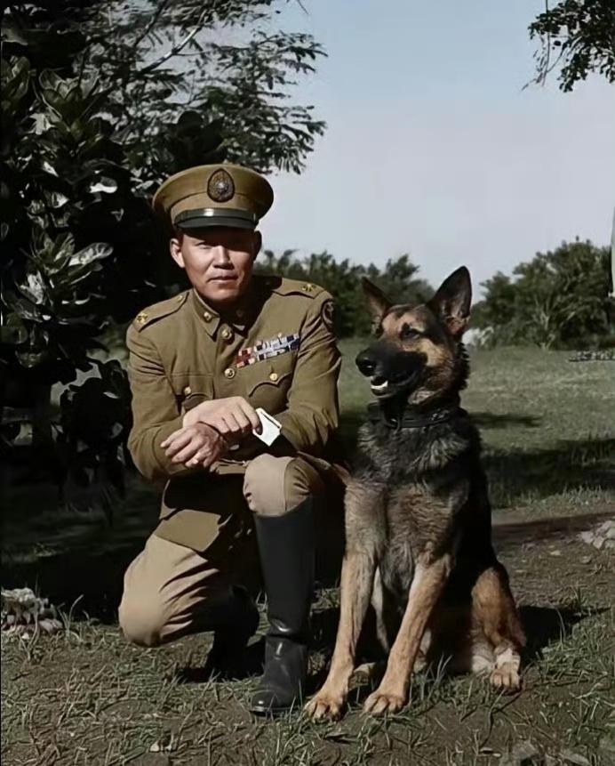 张抗日名将孙立人和爱犬的合影，拍摄于1946年的清华园。
