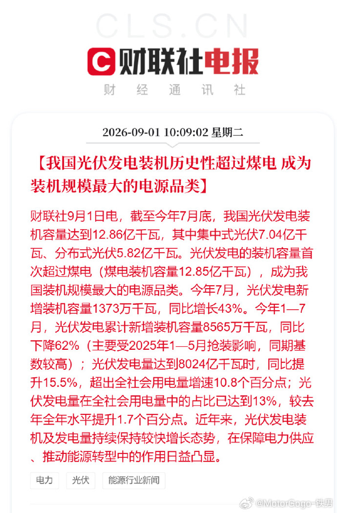 往碳中和方向再进一步了，光伏发电的装机容量（12.86亿千瓦）超过煤电(煤电装机