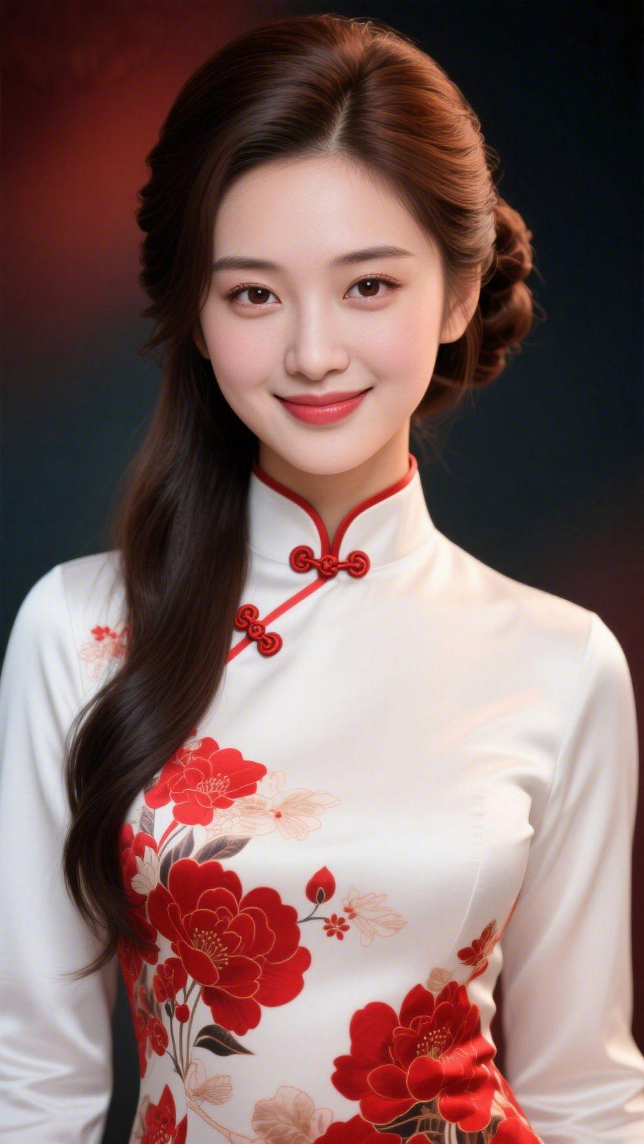 白襟芳韵素白旗袍绣着艳红的花，恰似将春日园中的牡丹，妥帖晕染在衣袂间。朱红