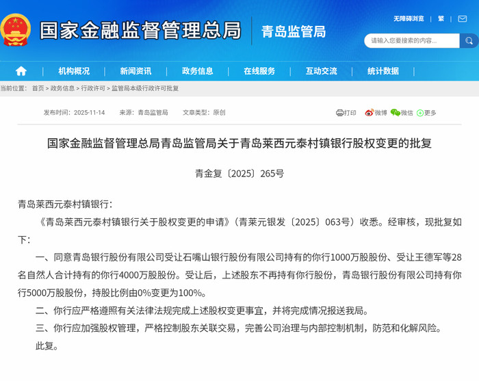 青岛莱西元泰村镇银行股权变更, 青岛银行全资控股 | 大鱼财经