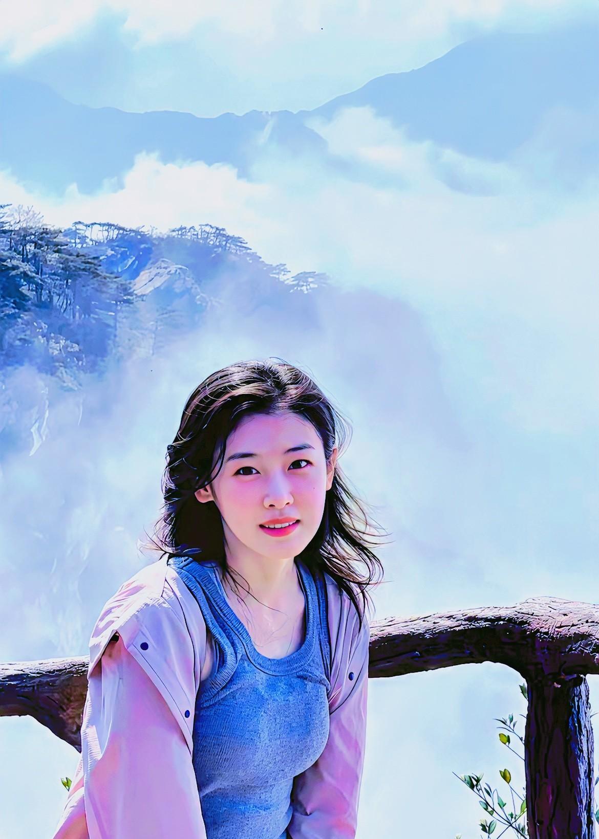 云海映山色，佳人倚栏杆。
