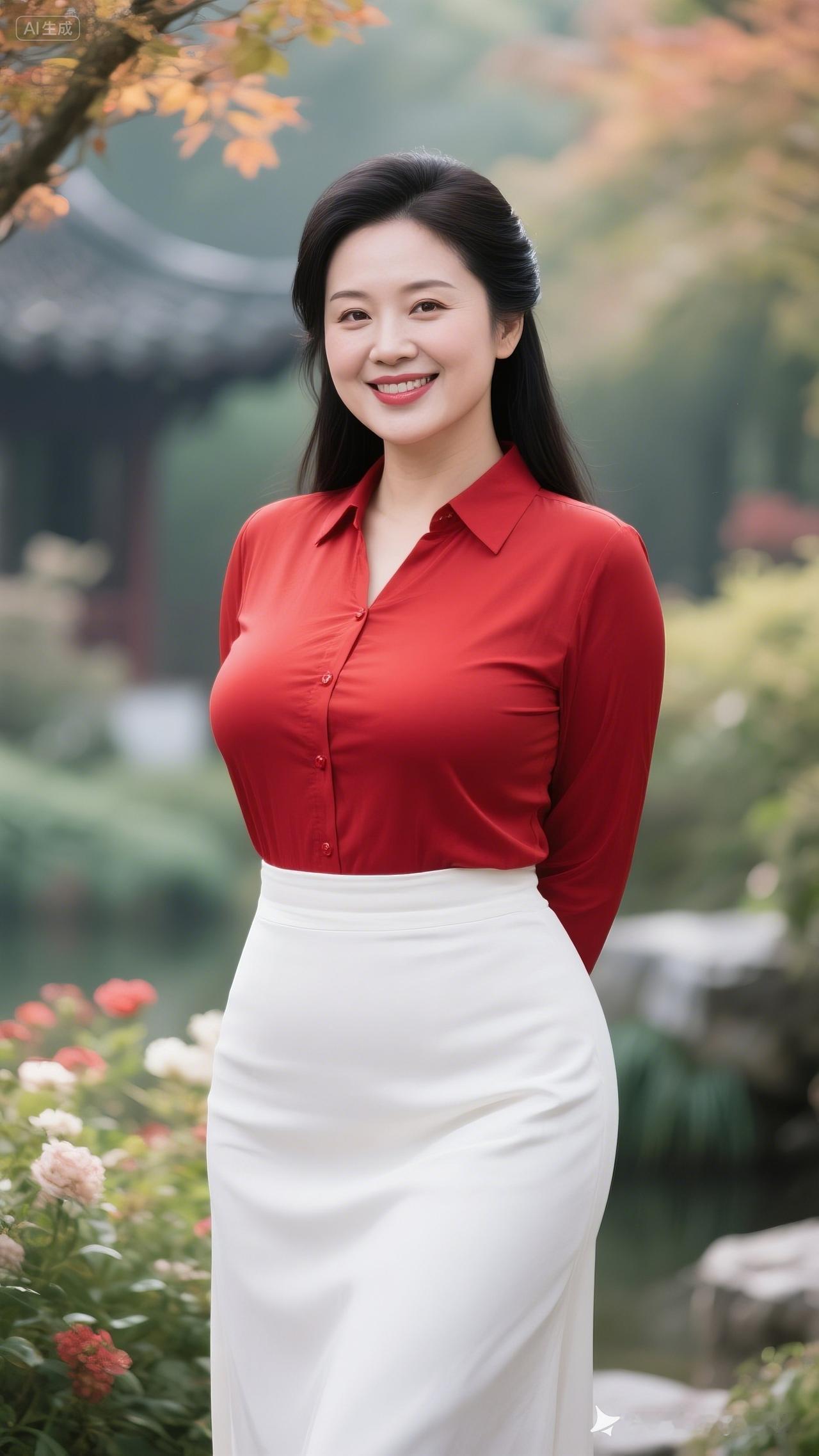 秋日暖阳下，红衣白裙的优雅女子，笑靥如花。