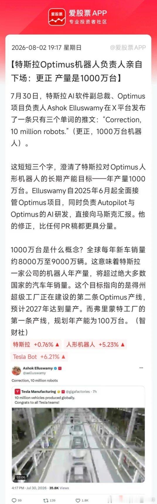 特斯拉机器人业务高管官宣，Optimus年产量目标上调至1000万台，为原有目标