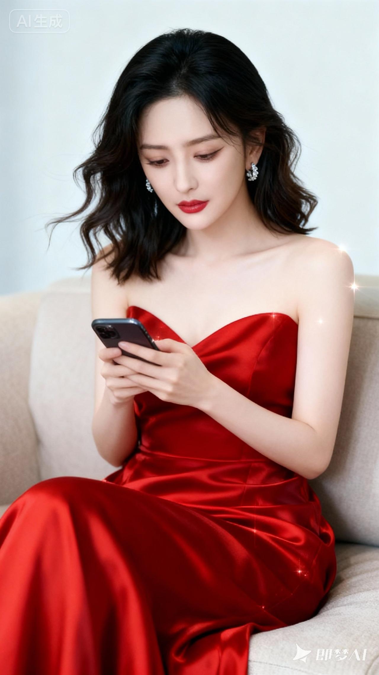 优雅红裙，沉醉在屏幕的世界里