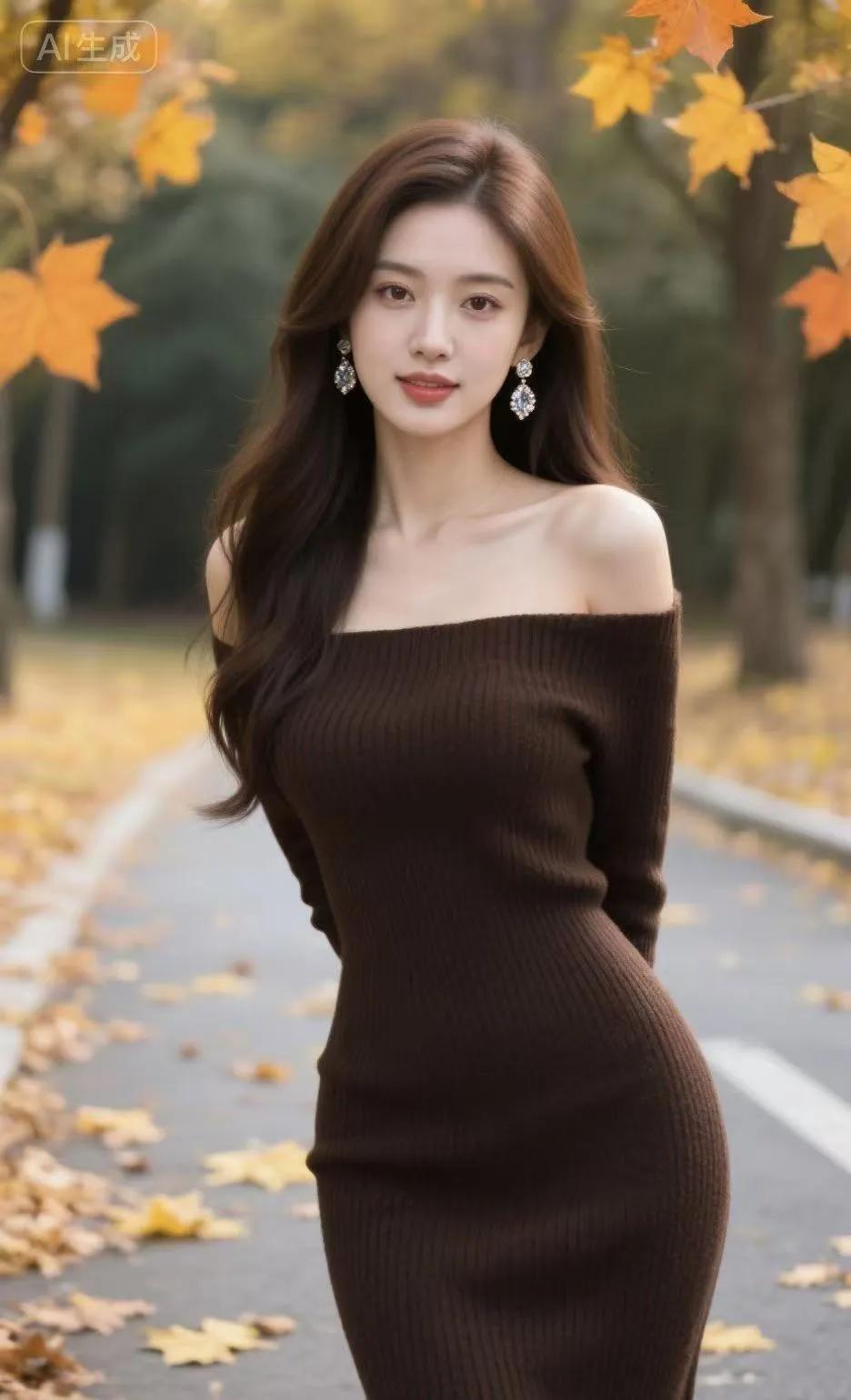 太美了露肩毛衣连衣裙美女五官精美