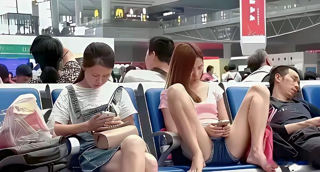 车站是公共场所，来来去去的人也多，这位美女这样的坐姿，让人有些大跌眼镜。
