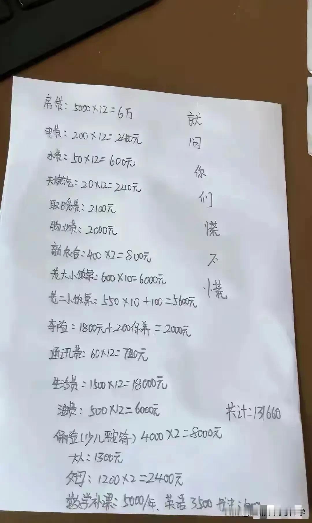 来围观下所谓中产的二孩家庭一年的消费，保守估计花销已经超过了13万，这其中计