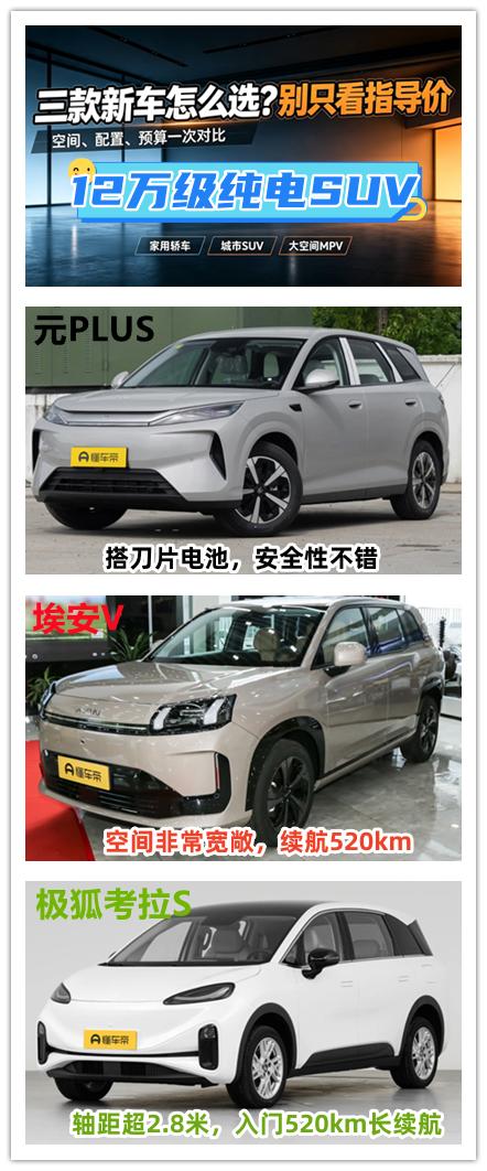 12万左右想要购买一辆纯电的SUV，这三款车型你可要看好了。第1款是比亚迪元P