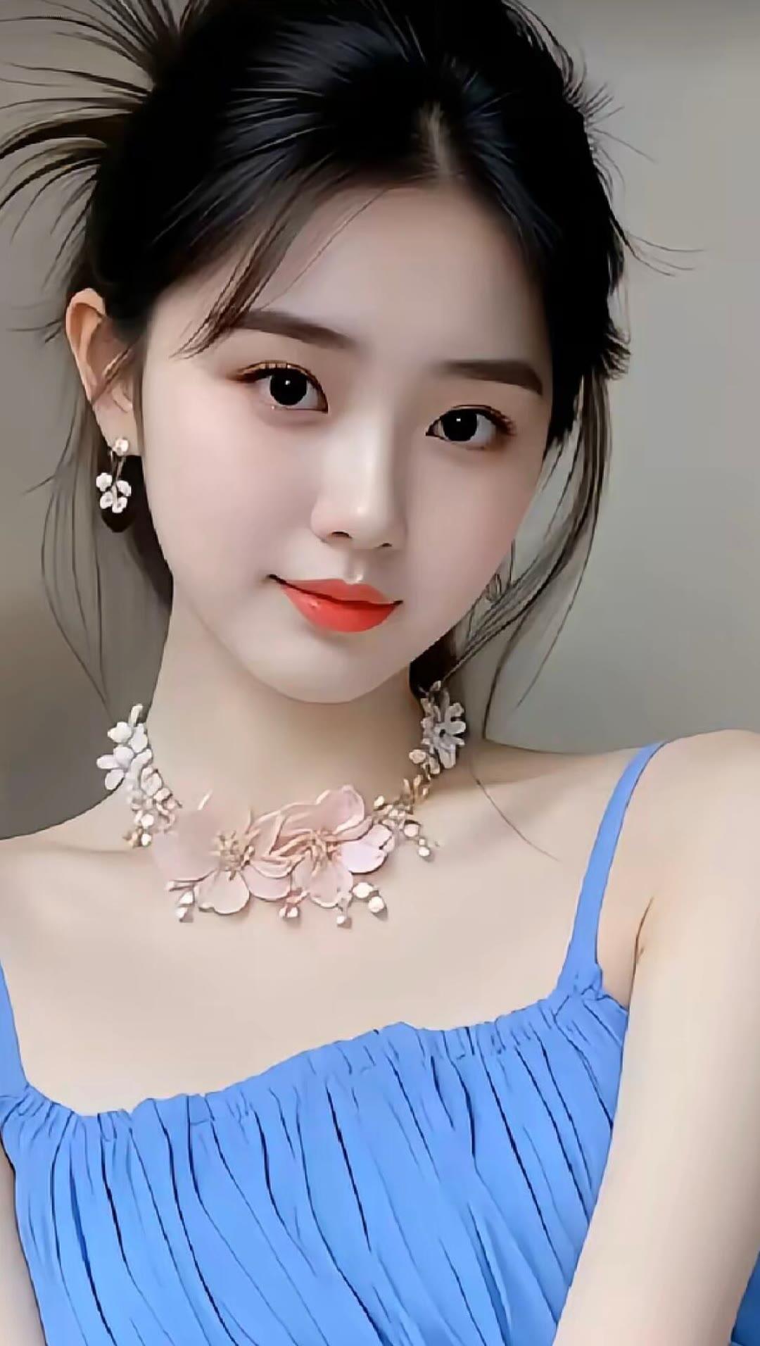 甜美少女风，粉色花朵项链，蓝色连衣裙，清新自然。