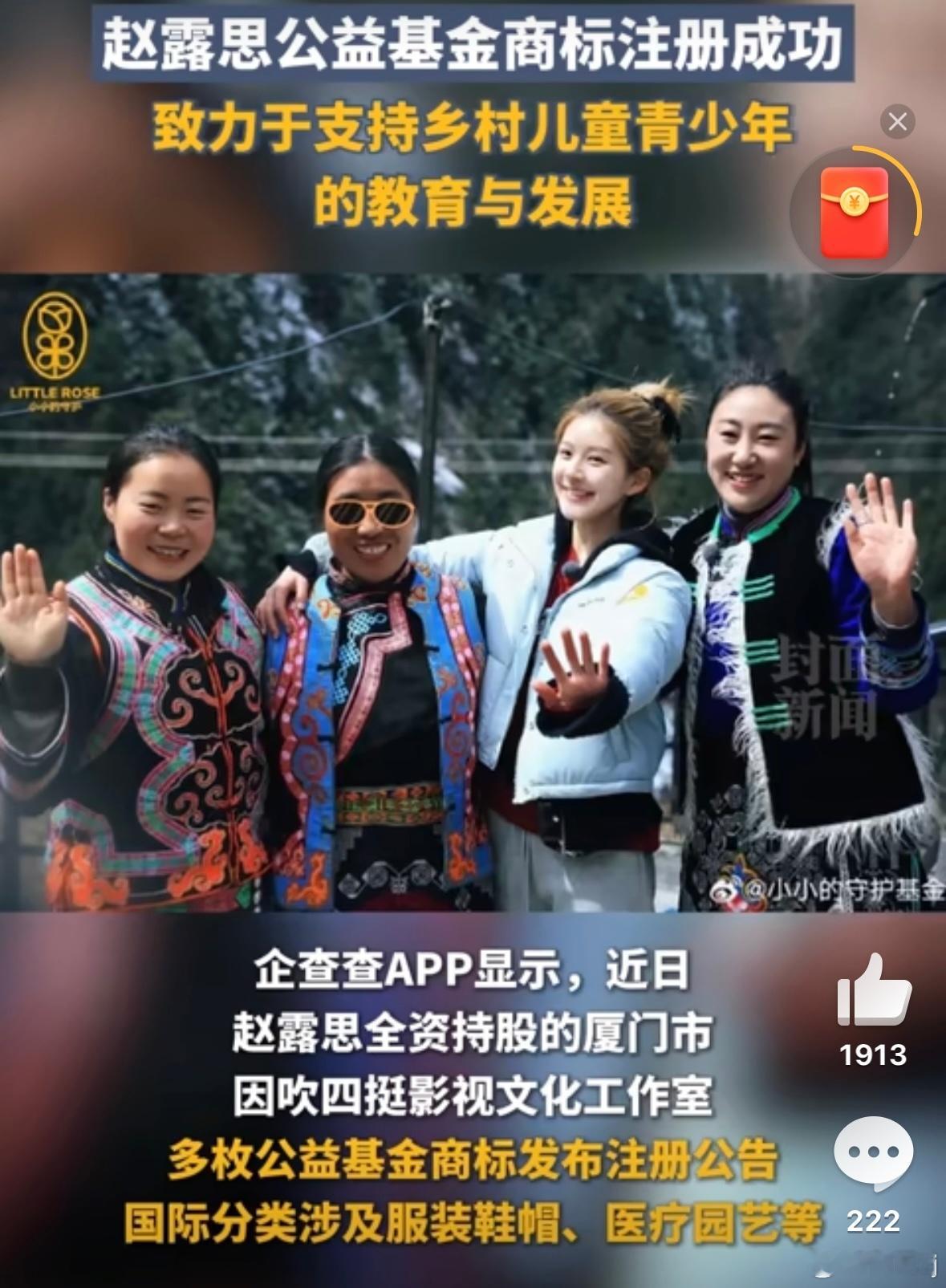 赵露思公益基金商标注册成功赵露思的“小小的守护基金”商标成功注册，玫瑰与四叶草