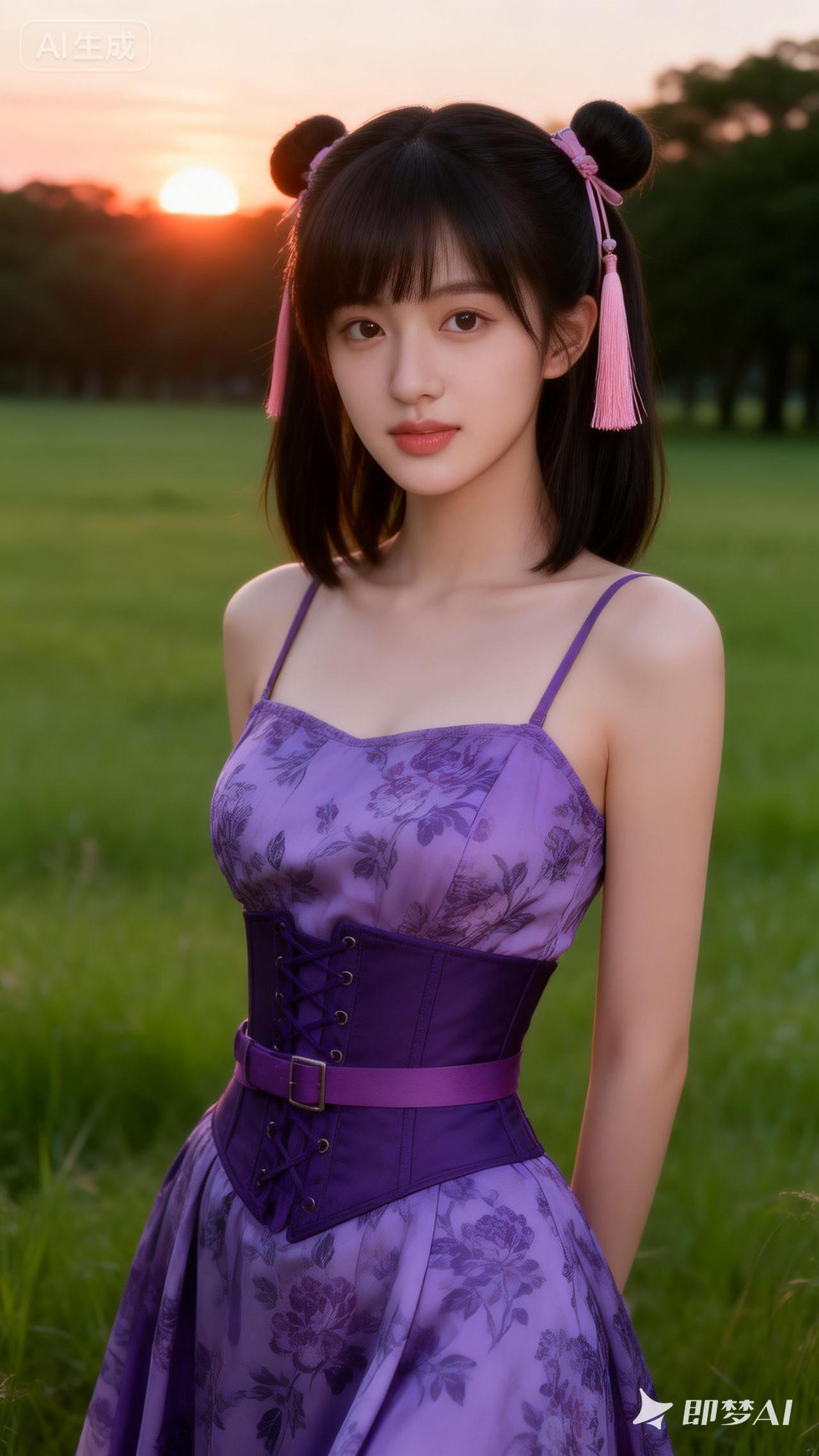 梦幻紫裙少女，夕阳下的唯美时刻🌸✨