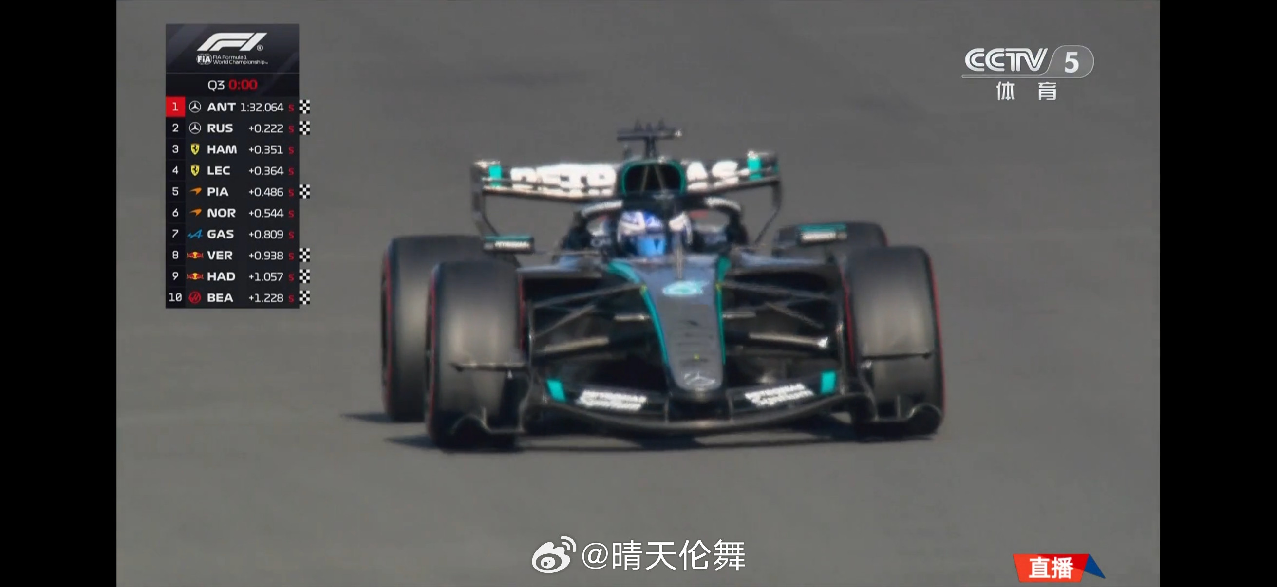 F1排位赛安东内利拿下生涯首个杆位，拉塞尔第二，汉密尔顿第三，梅奔包揽前二！明天
