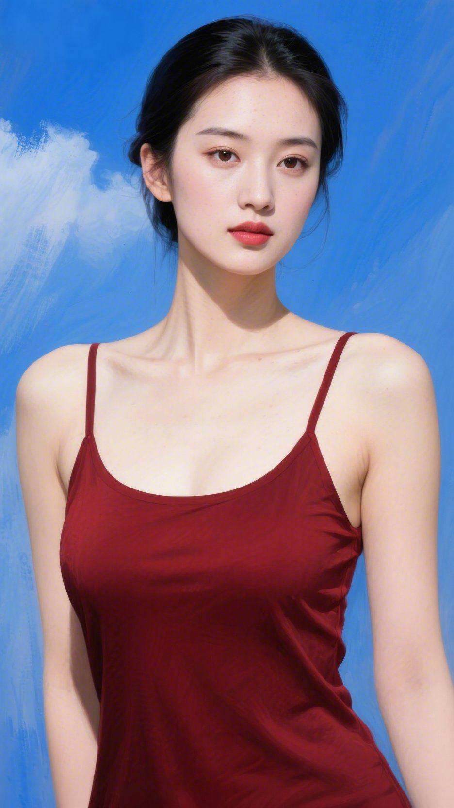 红衫映蓝蕴清婉澄澈的蓝天似被晕染的画布，几缕云絮轻贴天际，她身着酒红吊带上