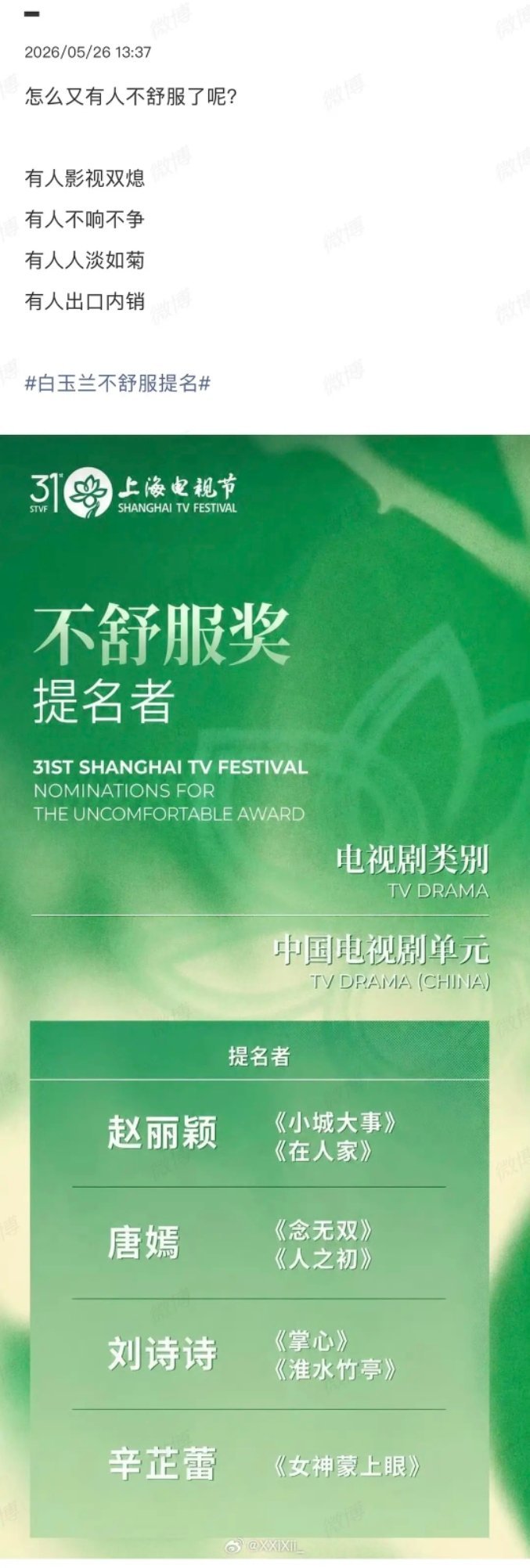 我不中了，有网友做了不舒服奖提名