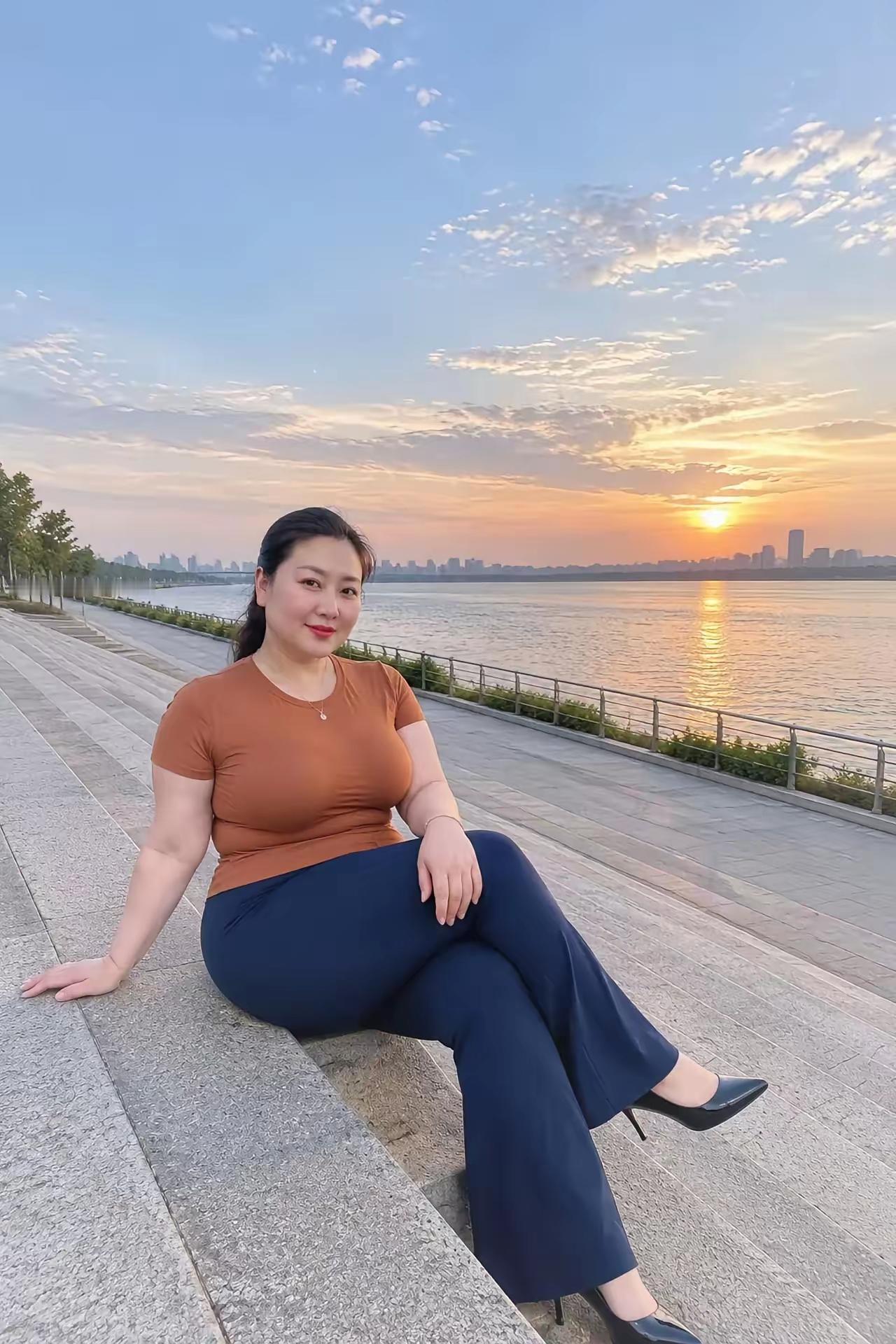 日出东海岸，霞光照水面。美女临阶坐，拍照留纪念。