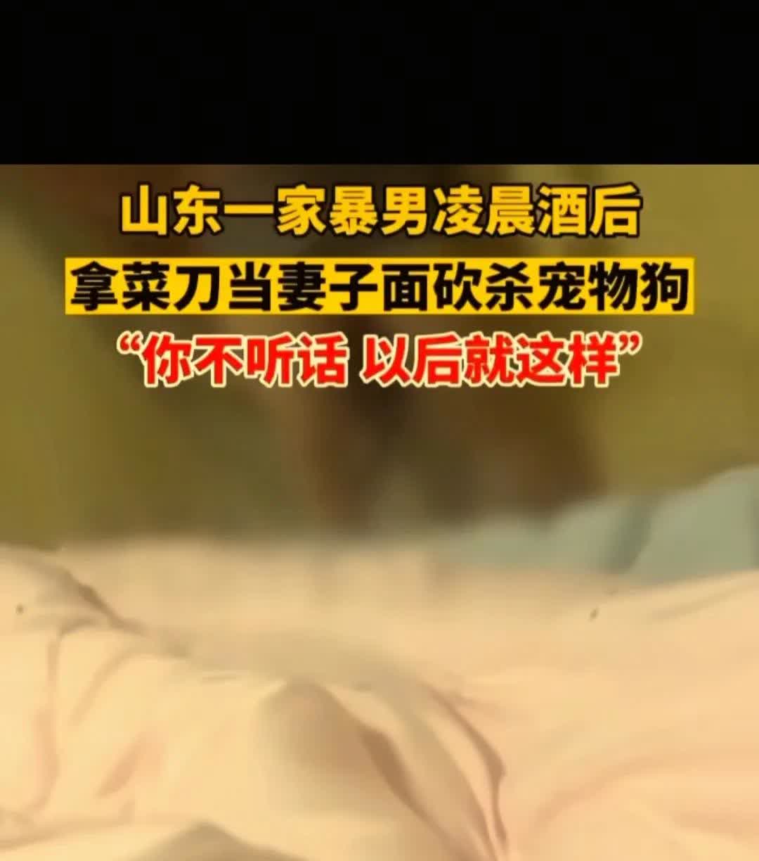山东一家暴男喝完酒回家，拿菜刀当着妻子的面砍死家中宠物狗，说你不听话和它一样。