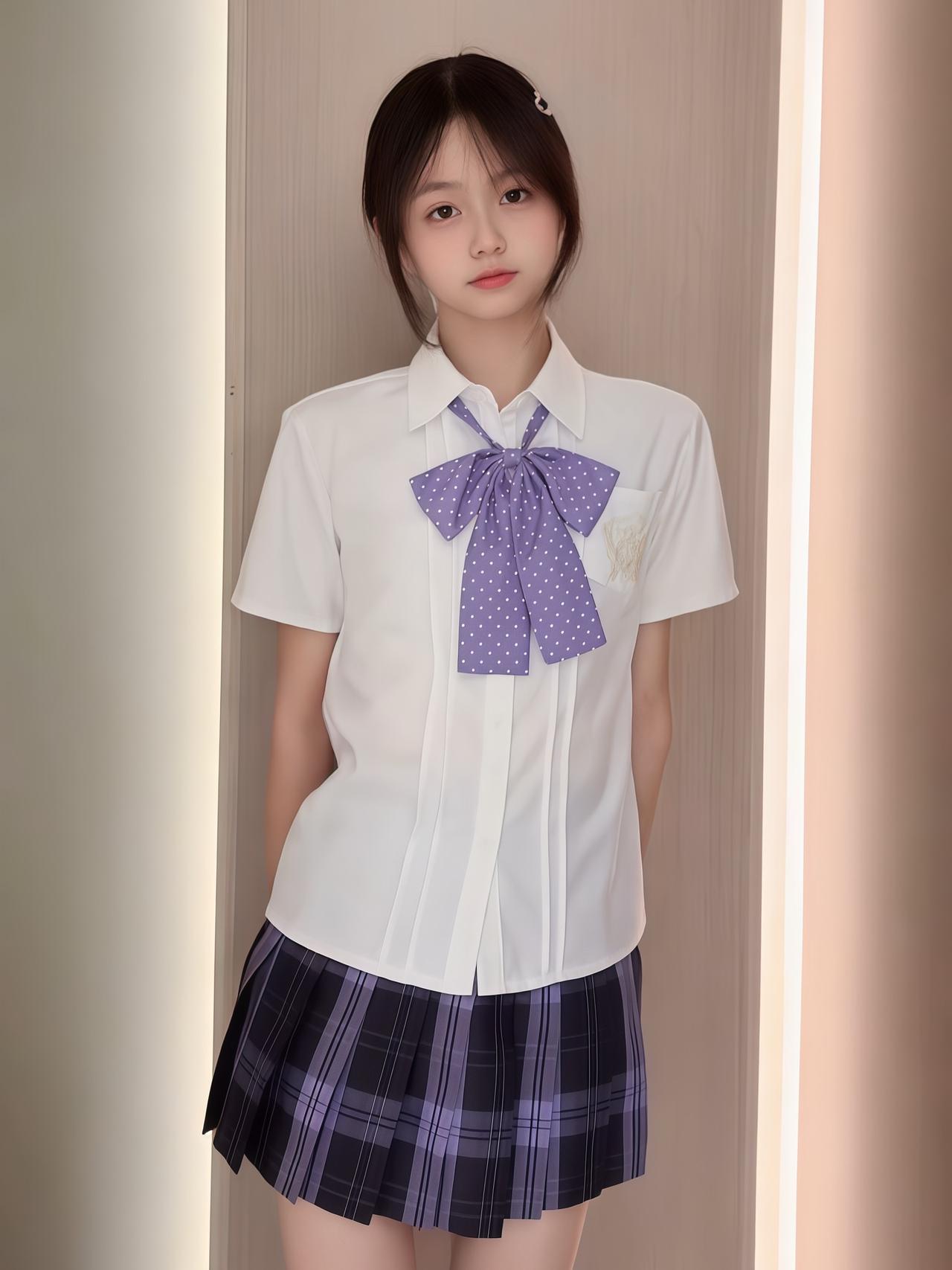 青春校园风，紫色蝴蝶结领结，甜美少女心。好看的小裙子推荐