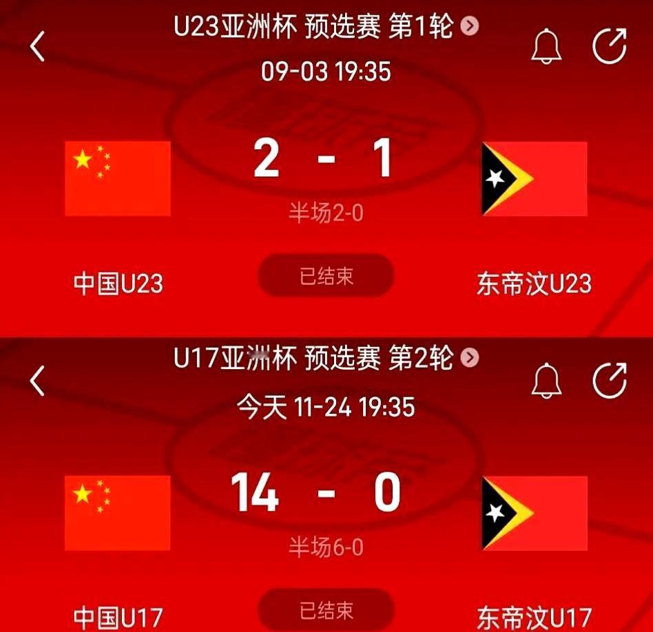 咱先冷静看看数据。U17国足14比0大胜东帝汶，U23国足只赢了2比1。U17还