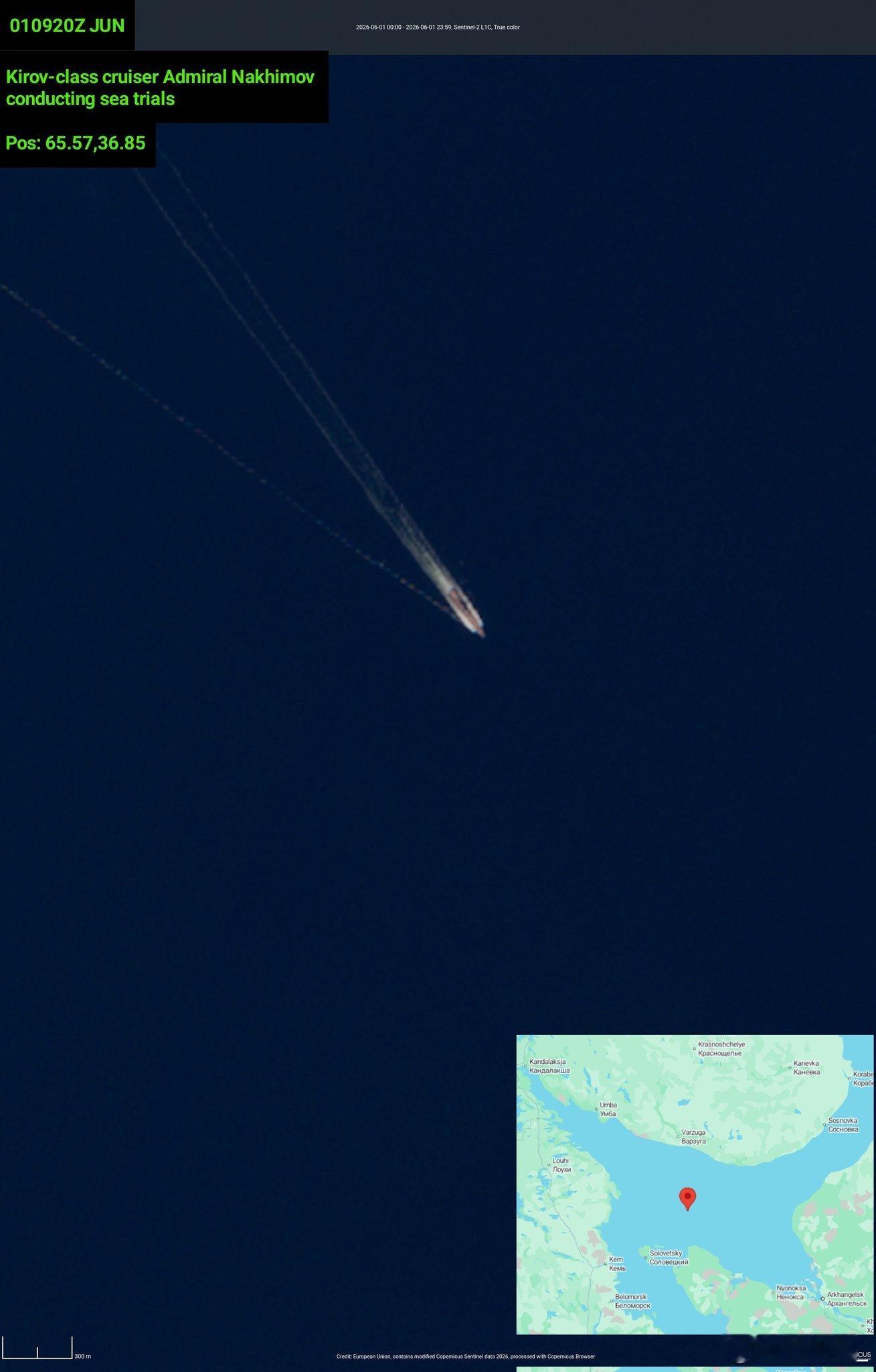 6月1日“哨兵-2”号卫星在白海中部海域拍摄到基洛夫级核动力巡洋舰“纳希莫夫海军