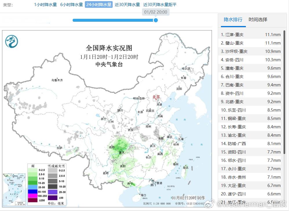 【降水】昨晚到今天，降水向西南收缩，四川盆地成为降雨的核心区，重庆和四川站点也包
