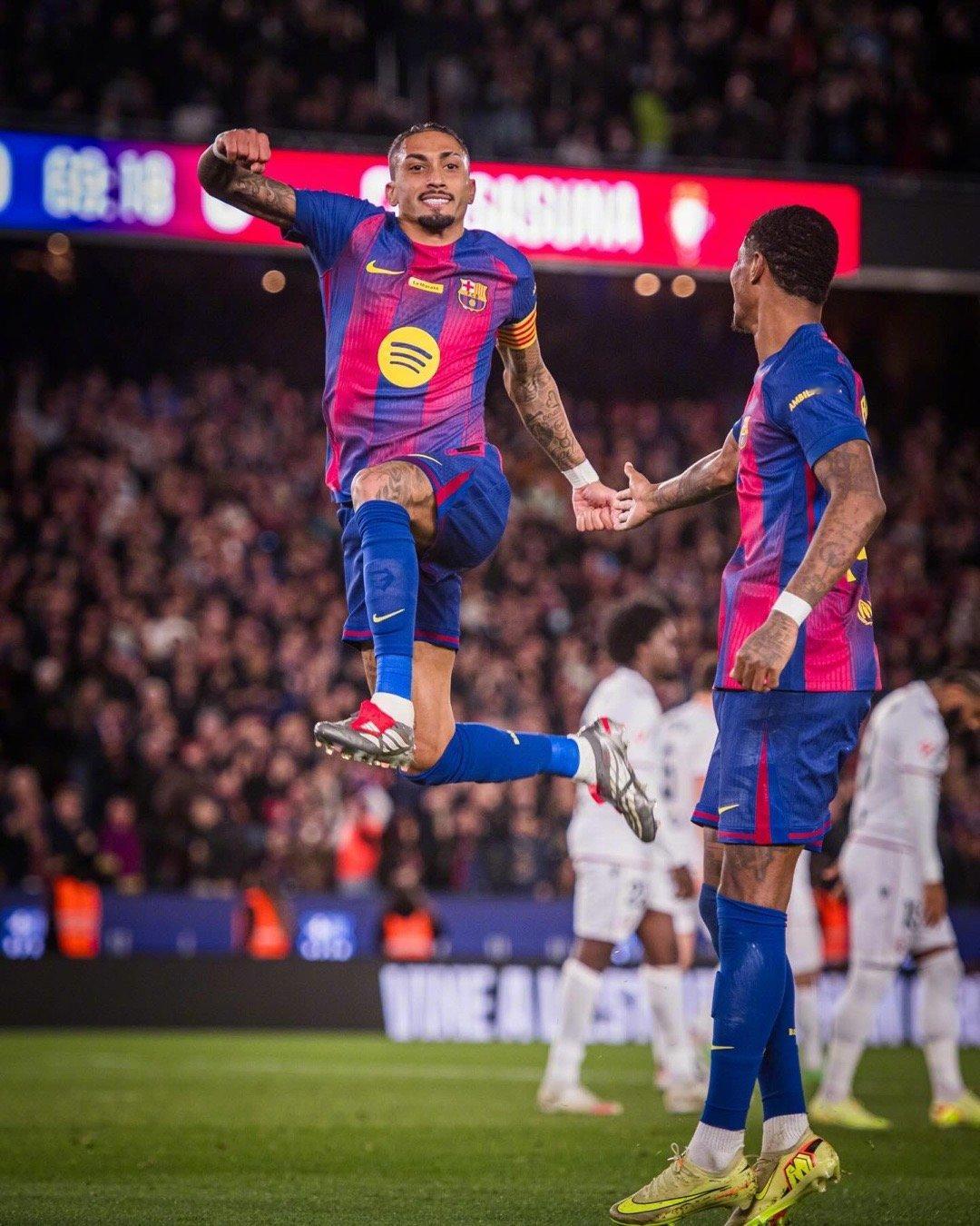 巴萨2比0奥萨苏纳🥹梅开二度取得关键三分后，寿星拉菲尼亚更新社媒只说了四个字