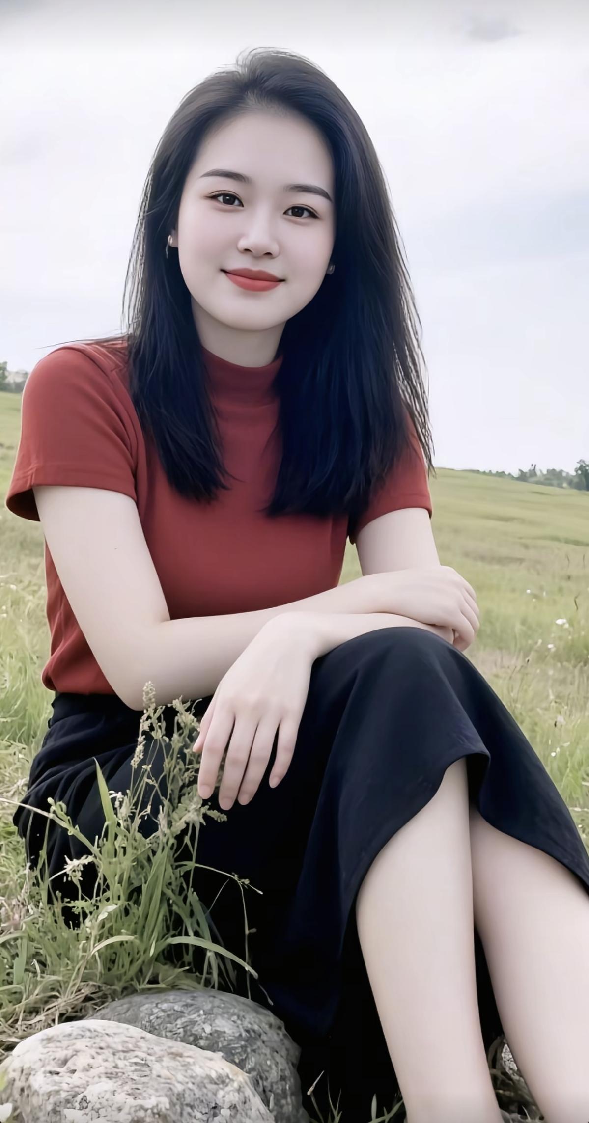 红颜如花似玉，倚石含笑情意浓。