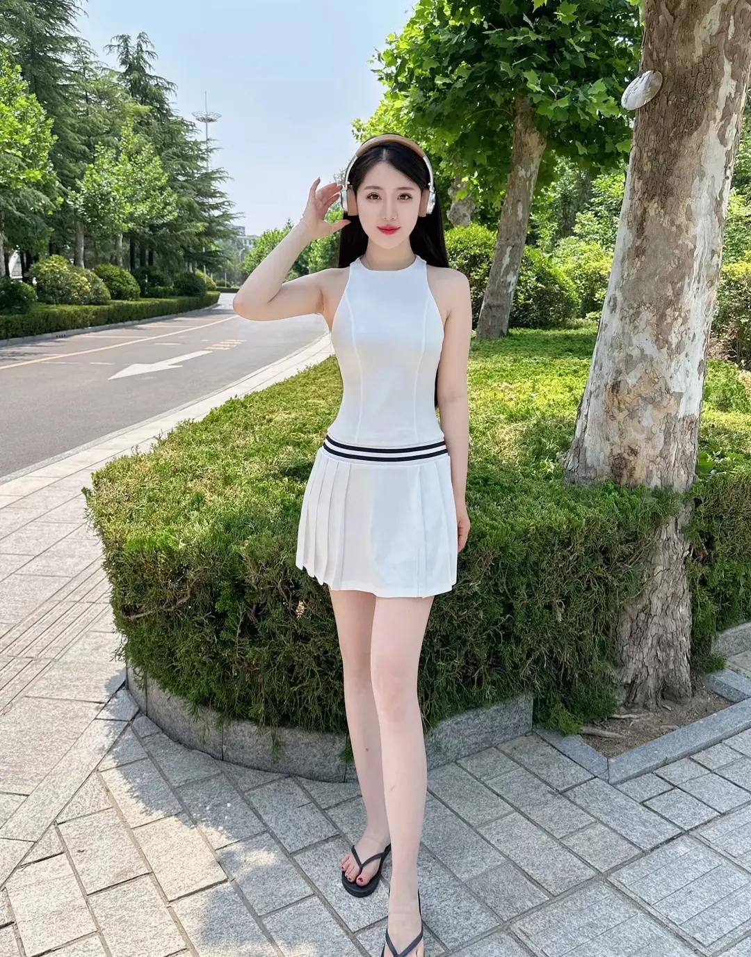 夏日清新穿搭，白色连衣裙搭配耳机，漫步在绿意盎然的小路上。