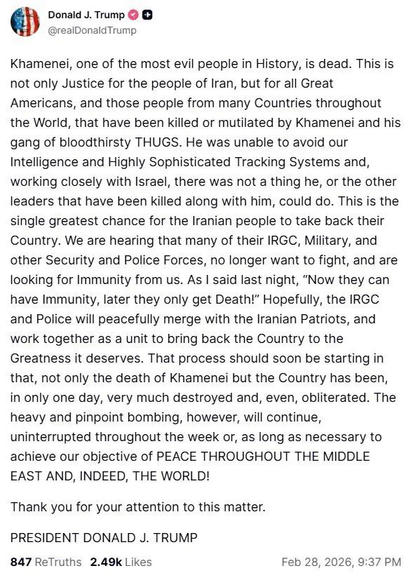 美国联邦政府总统唐纳德·J·特朗普在社交媒体上发布消息确认哈梅内伊死亡。以下是