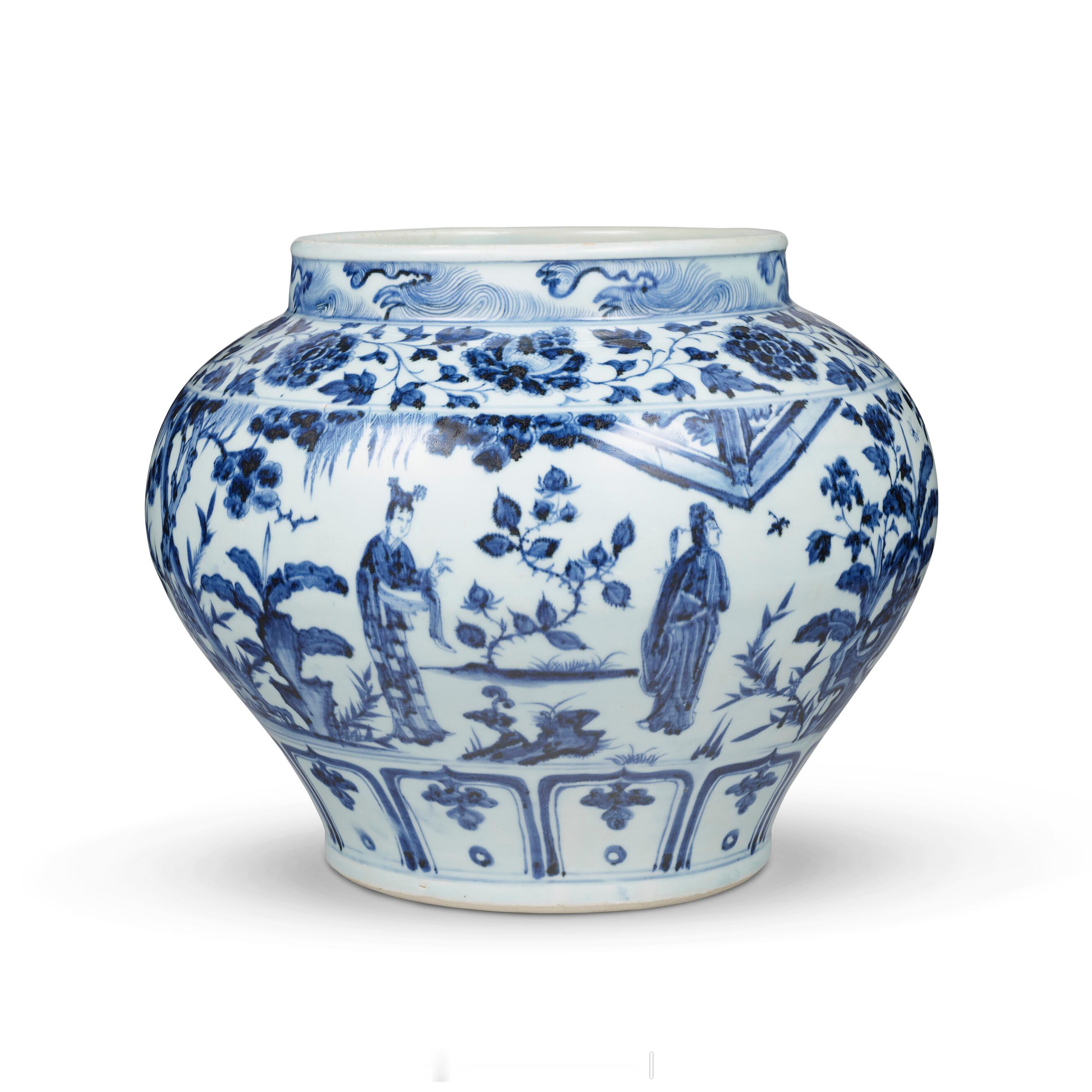 元青花「锦香亭」图罐尺寸：27.4cm.来源：佳士得2026春拍《爱莲堂珍藏