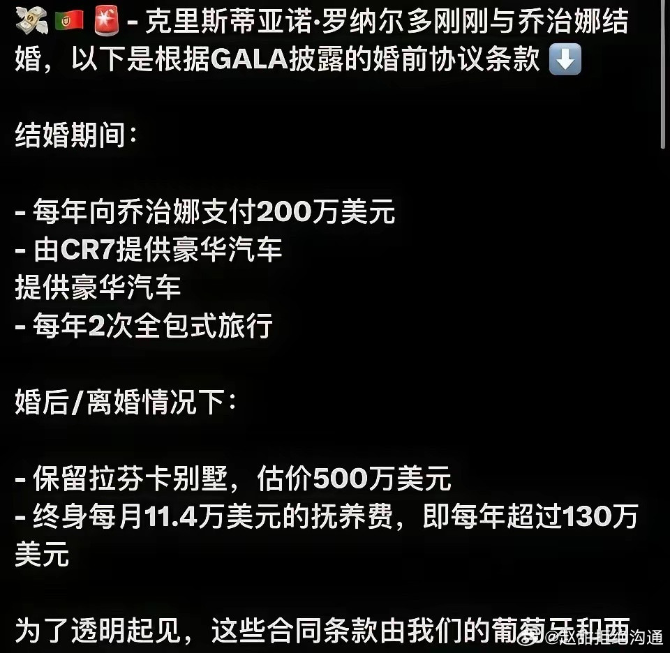 C罗乔治娜财产协议曝光C罗被曝结婚时签了婚前协议，媒体流出的条款里有一条：离婚后