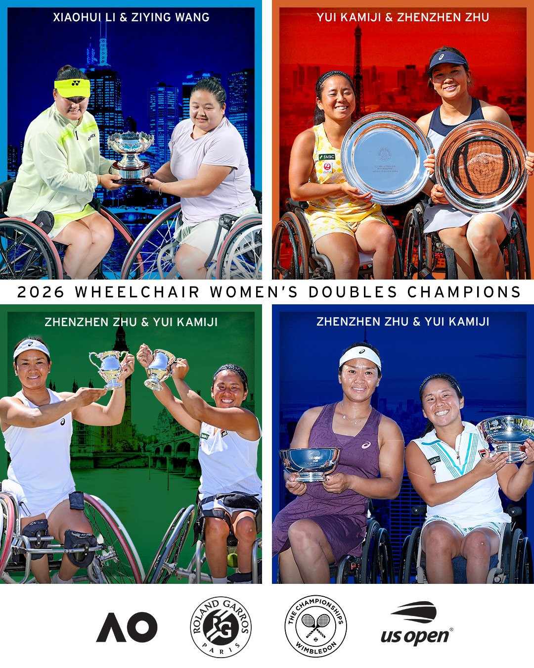中国选手实现轮椅女双组年度全满贯澳网女双冠军🏆：李晓辉🇨🇳/王紫莹🇨?