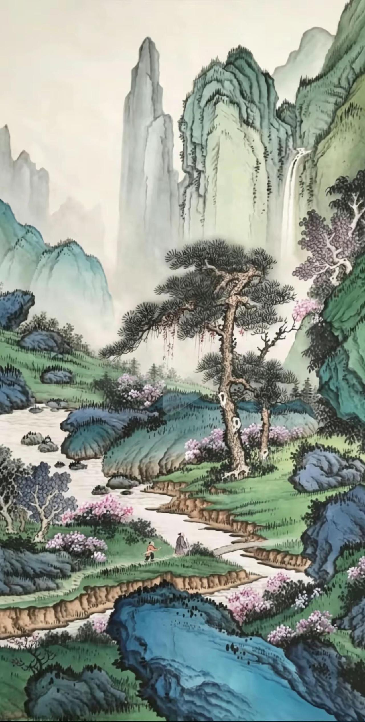 春山行旅。手绘国画创作者中心创作灵感感受山水画的意境国画专业