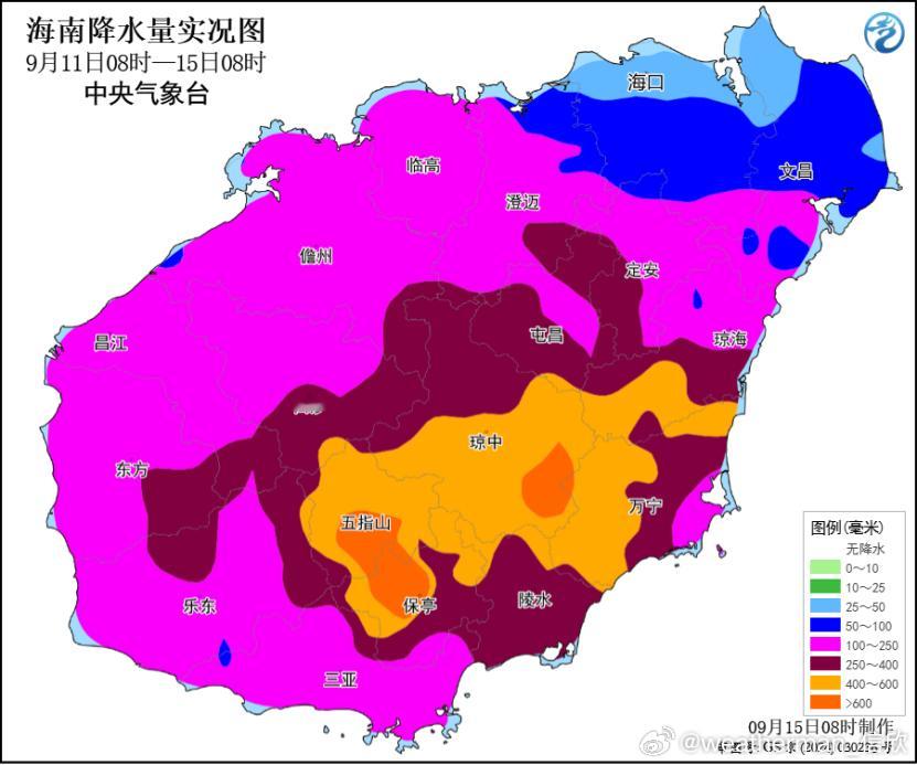 【华西降雨接力海南】9月11日08时-15日08时，海南出现了一轮强降雨过程。五指山区因为有地形抬升