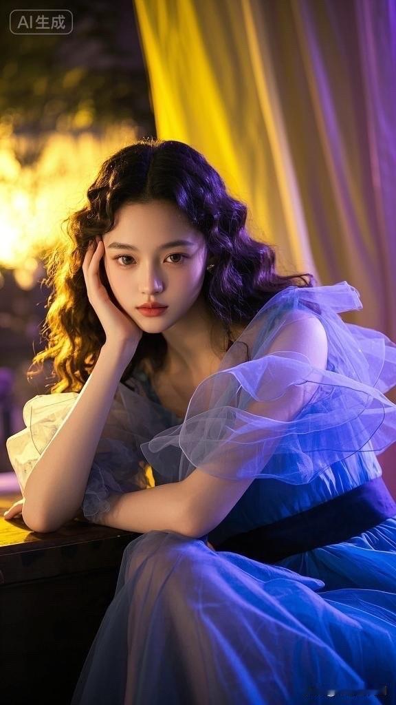 梦幻蓝裙少女，光影交错间，温柔似水。