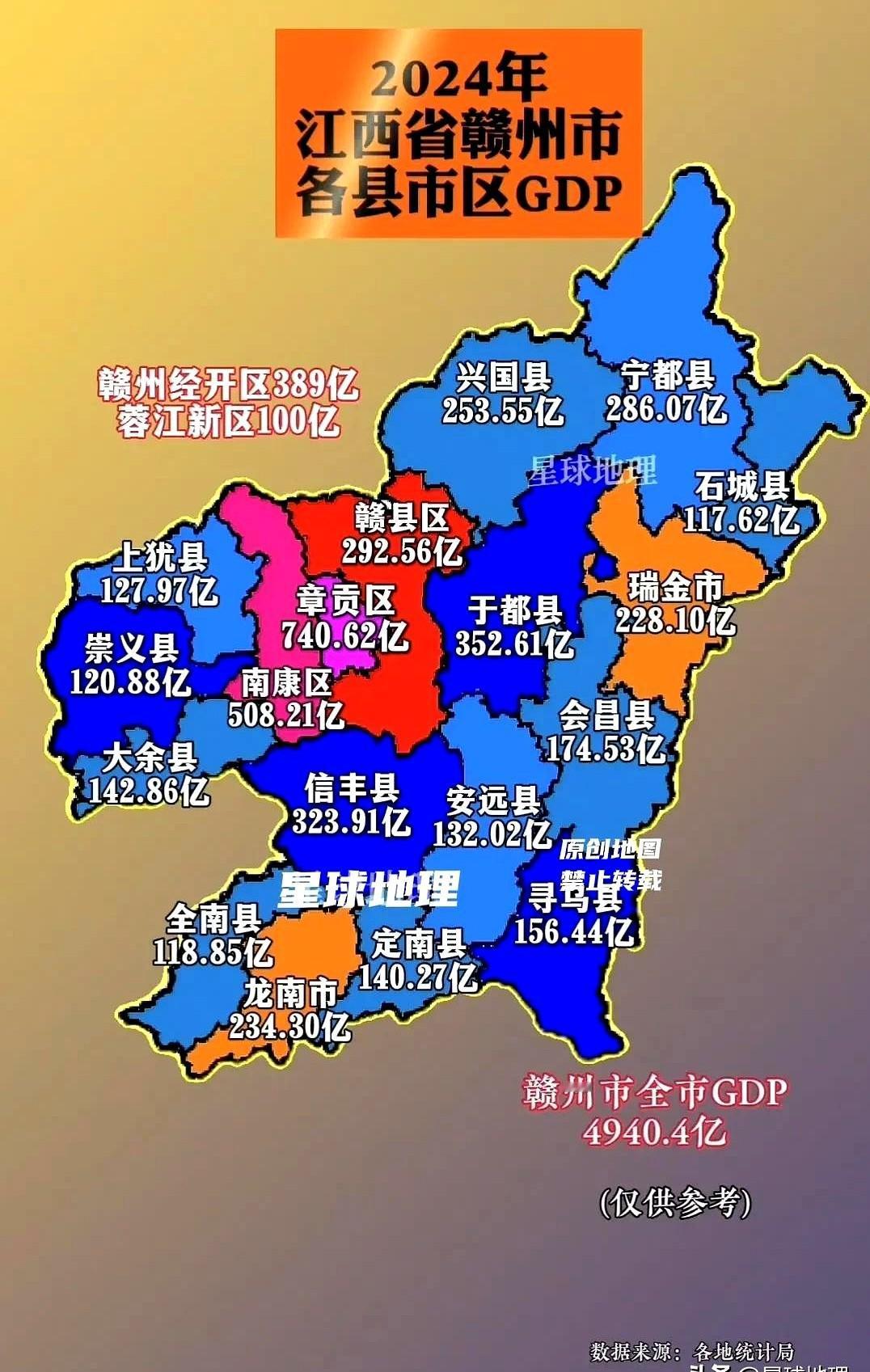 2024年江西省赣州市各县市区GDP分布。2024年赣州市GDP总量达到49