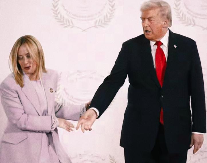 特朗普和梅洛尼俩人这是怎么了啊？特朗普这是想拽住梅洛尼吗？梅洛尼这姿势是不是