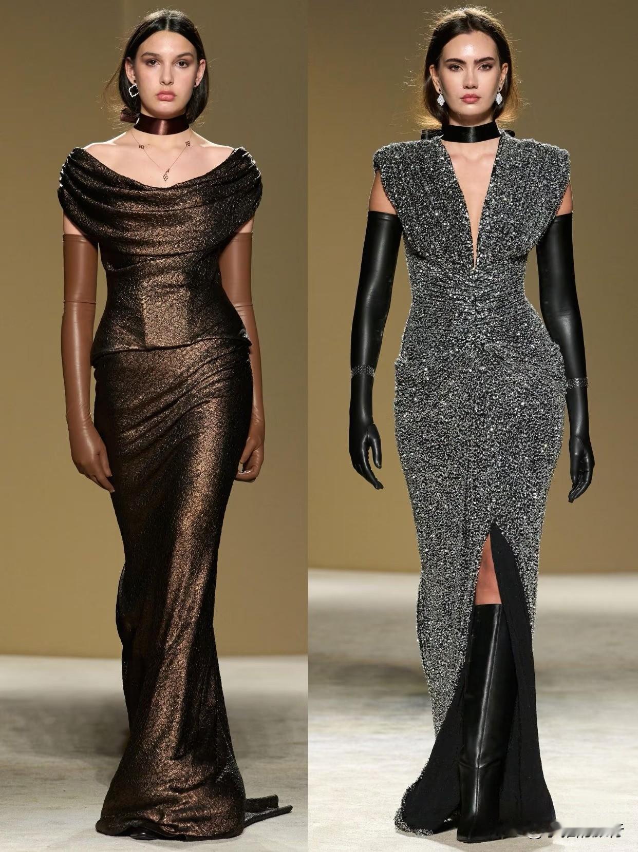 颈圈与皮革手套的复古回潮，这季秀场把优雅焊在了细节里本季秀场，以黑白、米棕