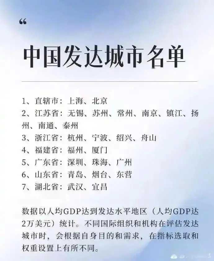 最近看到媒体公布的中国十五个发达城市名单，有点意思。北京排第一没毛病，作为首都和
