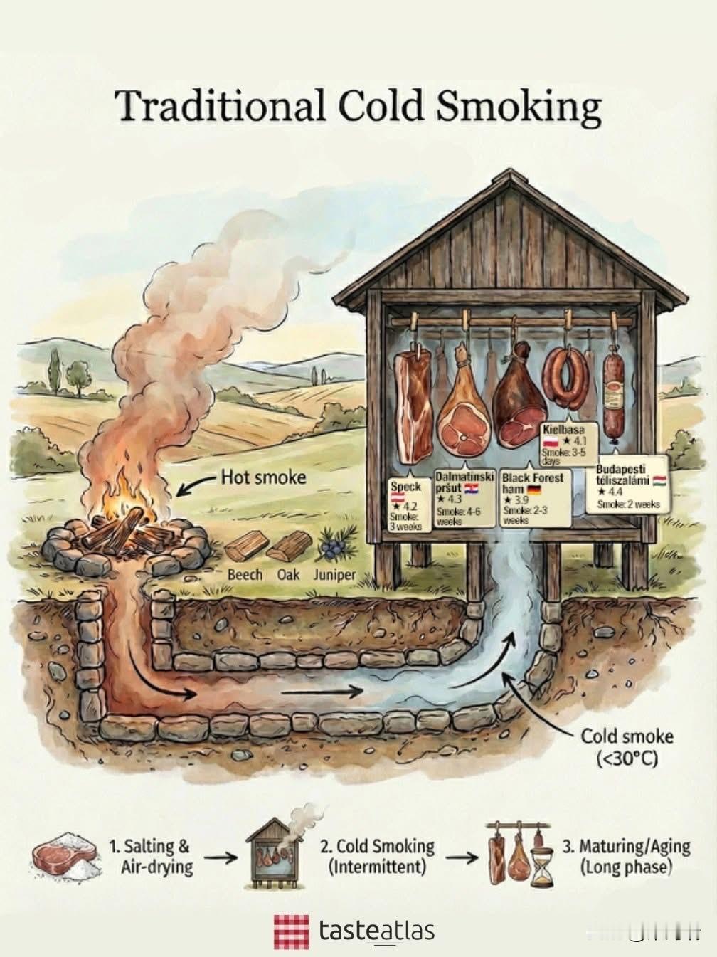 传统冷熏是一种在低温（低于30°C）下对肉制品进行烟熏以达到风味和防腐目的的加