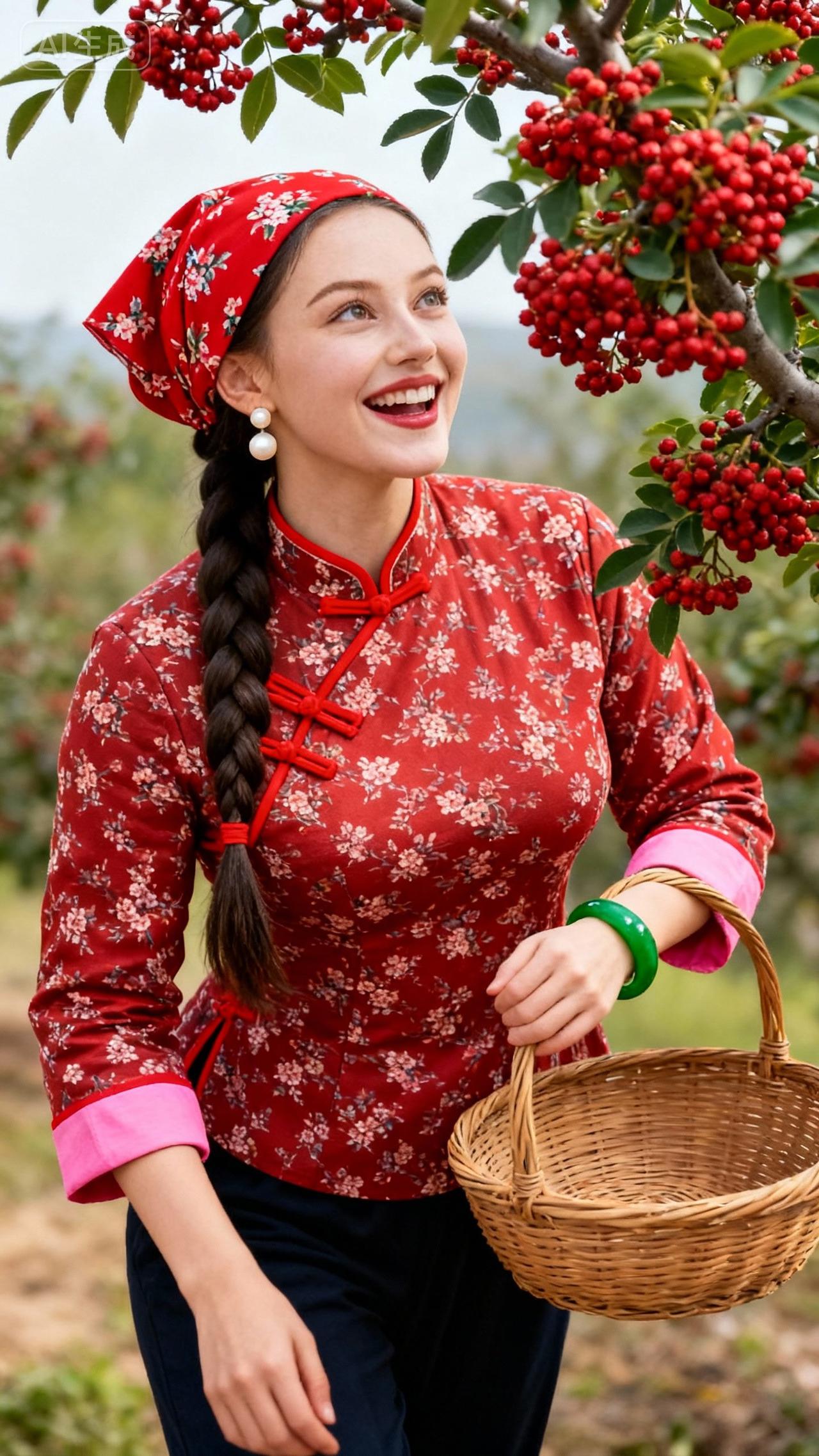 🌸红衣少女采摘红果，笑容满面，感受大自然的美好！🍎🌿