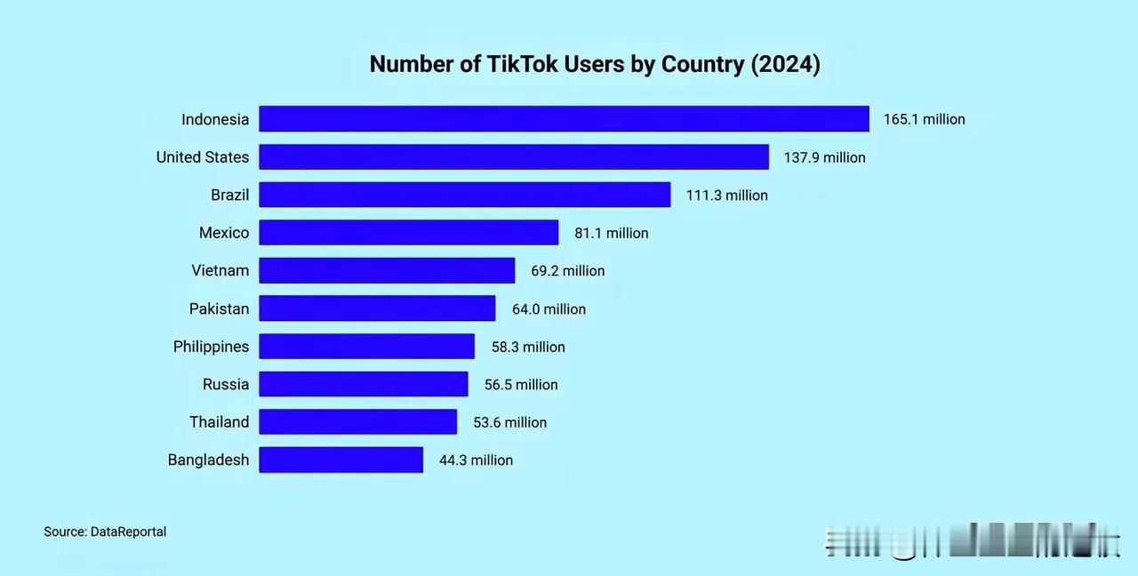 关于TIKTOK的用户，截止到2024年，用户最多的国家是印尼，其次是美国，第三