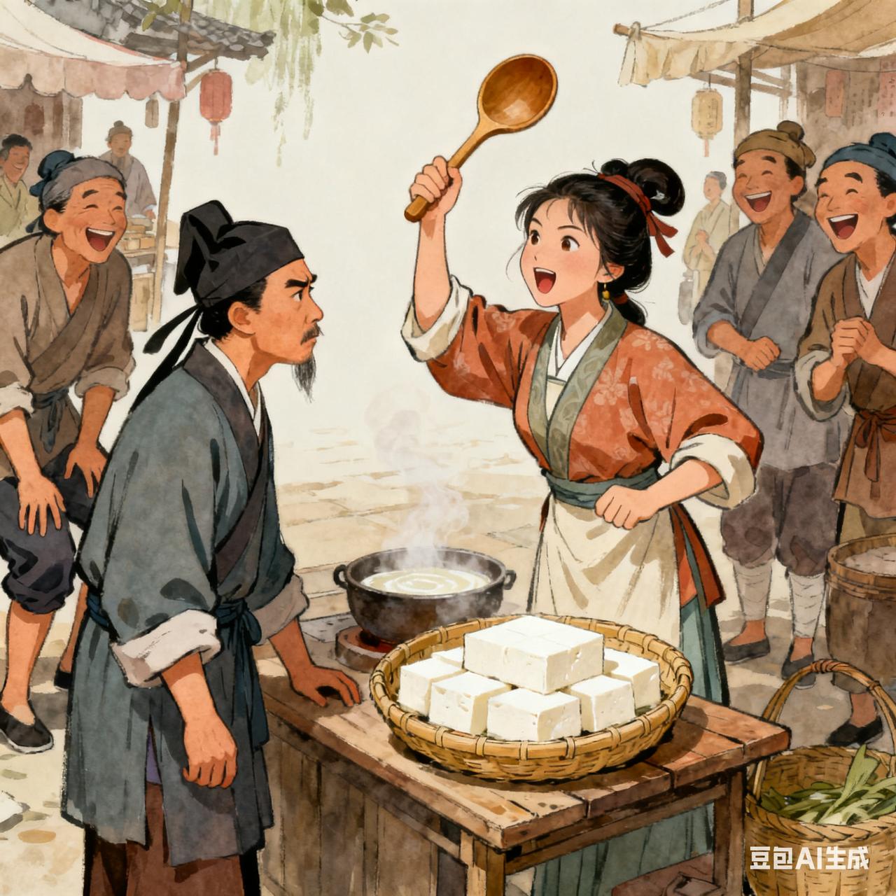 古代笑话秀才赶集，见卖豆腐的村姑手脚麻利，便摇头晃脑凑上前：“一块豆腐白生生