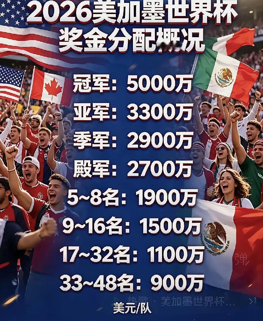 本届世界杯奖金总额超过6.55亿，球队奖金+48队统一150万备战补贴合计，7.