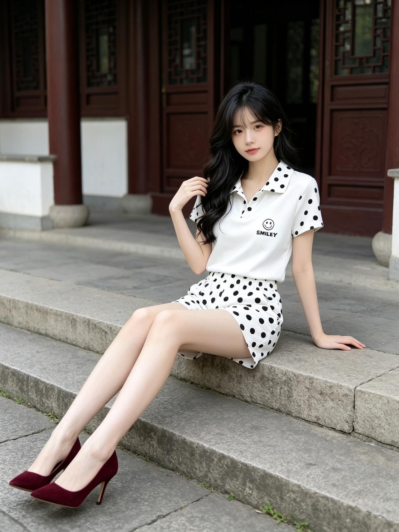 女人如何穿出含蓄的性感?波点套装太甜啦！复古红高跟鞋一搭，坐在台阶上就是最靓的仔