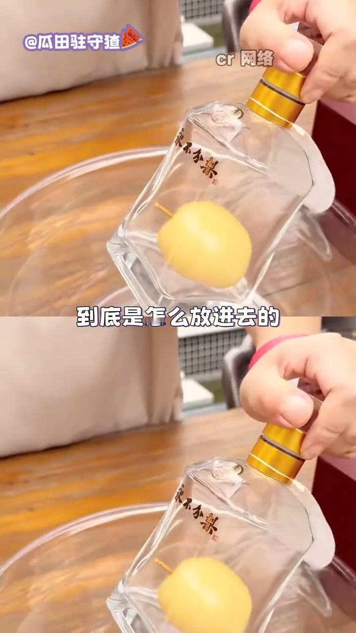 瓜田驻守猹。每次看到都很好奇，梨酒里的梨到底是怎么放进去的？面对网友说，梨子小