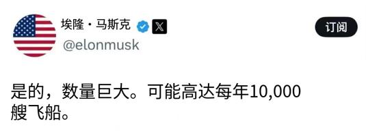 商业航天，天天涨。马斯克说每年要造10000艘飞船。马斯克吹过的牛逼，虽然都
